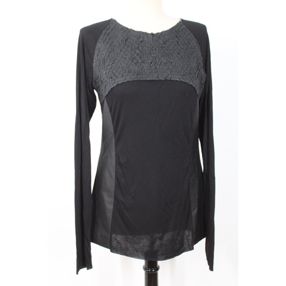 Nicolas & Mark 10 Black Leather Viscose Jersey Long Sleeve Tee Top